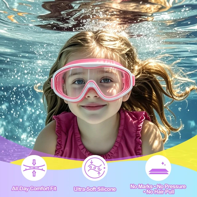 Alt view image 6 of 7 - 2 Pack Kids Swim Goggles for Girls Ages 3-15, Anti-Fog UV Protection Waterproof Swimming Goggles, Leakproof Wide View Pool Goggles with Adjustable Strap, Ear Plugs and Nose Clip, (Pink+ Purple)