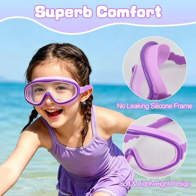 Alt view image 5 of 7 - 2 Pack Kids Swim Goggles for Girls Ages 3-15, Anti-Fog UV Protection Waterproof Swimming Goggles, Leakproof Wide View Pool Goggles with Adjustable Strap, Ear Plugs and Nose Clip, (Pink+ Purple)
