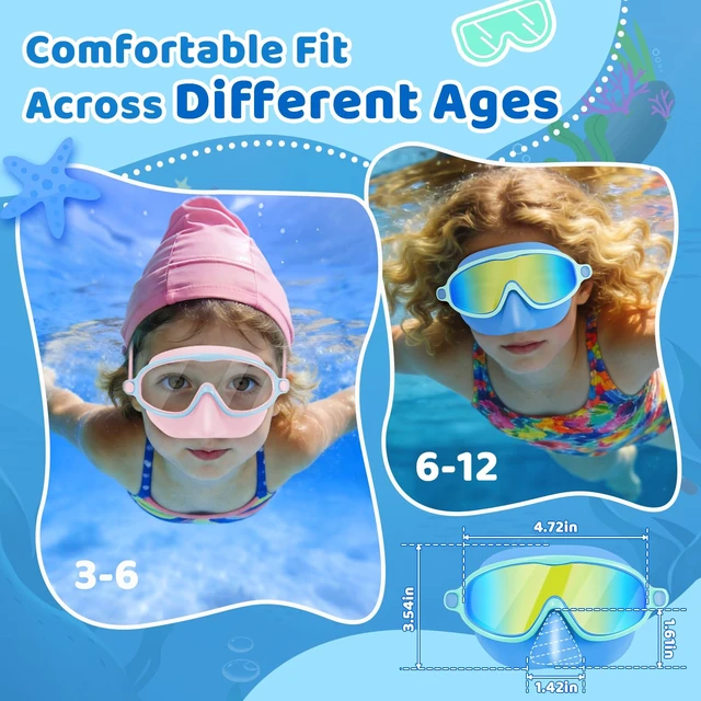 Alt view image 7 of 7 - 2 Pack Kids Swim Goggles with Nose Cover for 3-14, Wide View Anti-Fog UV Protection Swimming Mask for Boys Girls, No Leak Pool Goggles for Toddlers