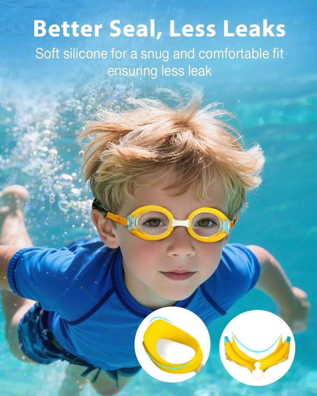 Alt view image 5 of 6 - 2 Pack Kids Swim Goggles with Fabric Strap for 3-12 Anti-Fog Anti-UV, No Leak No Hair Pulling Swimming Goggles Boys Girls Youth Toddlers Pool Water Protection(Blue and Yellow)
