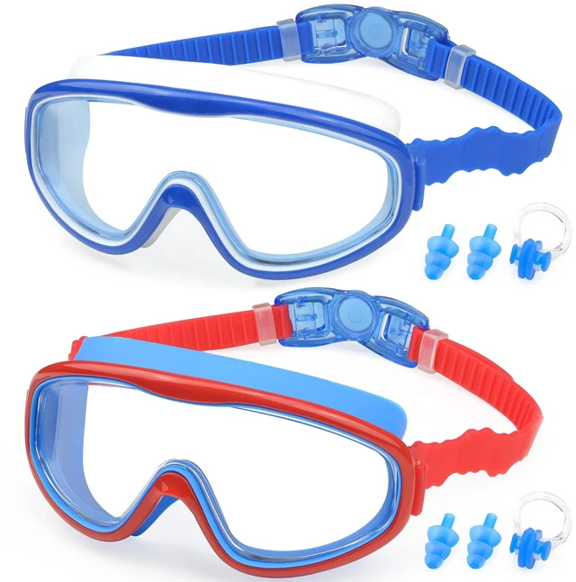 Main image of 2 Pack Kids Swim Goggles, Clear Wide View No-Leak Anti-Fog UV Protection Swimming Glasses with Nose Clip Earplugs for Toddlers Youth Child 3-15 Years Old (Blue & Red Blue, 2 Pack)