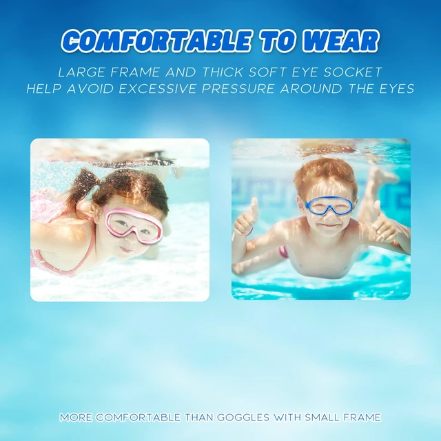 Alt view image 4 of 7 - 2 Pack Kids Swim Goggles, Clear Wide View No-Leak Anti-Fog UV Protection Swimming Glasses with Nose Clip Earplugs for Toddlers Youth Child 3-15 Years Old (Blue & Red Blue, 2 Pack)