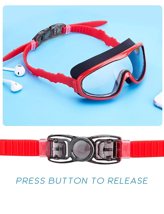 Alt view image 5 of 7 - 2 Pack Kids Swim Goggles, Clear Wide View No-Leak Anti-Fog UV Protection Swimming Glasses with Nose Clip Earplugs for Toddlers Youth Child 3-15 Years Old (Blue & Red Blue, 2 Pack)
