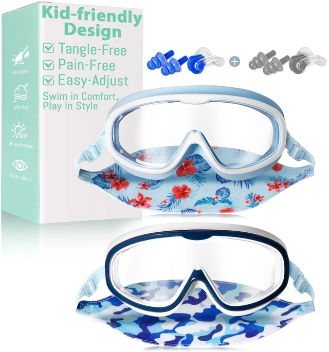 Main image of 2 Pack Kids Swim Goggles with Fabric Strap for 6-14 Wide View Anti-Fog Anti-UV,No Hair Pulling Swimming Goggles Boys Girls Youth Pool Water Protection
