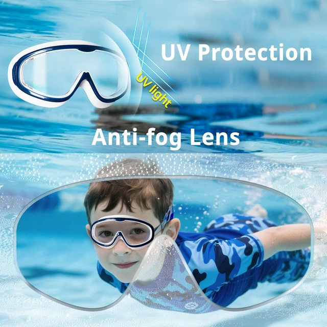 Alt view image 6 of 7 - 2 Pack Kids Swim Goggles with Fabric Strap for 6-14 Wide View Anti-Fog Anti-UV,No Hair Pulling Swimming Goggles Boys Girls Youth Pool Water Protection