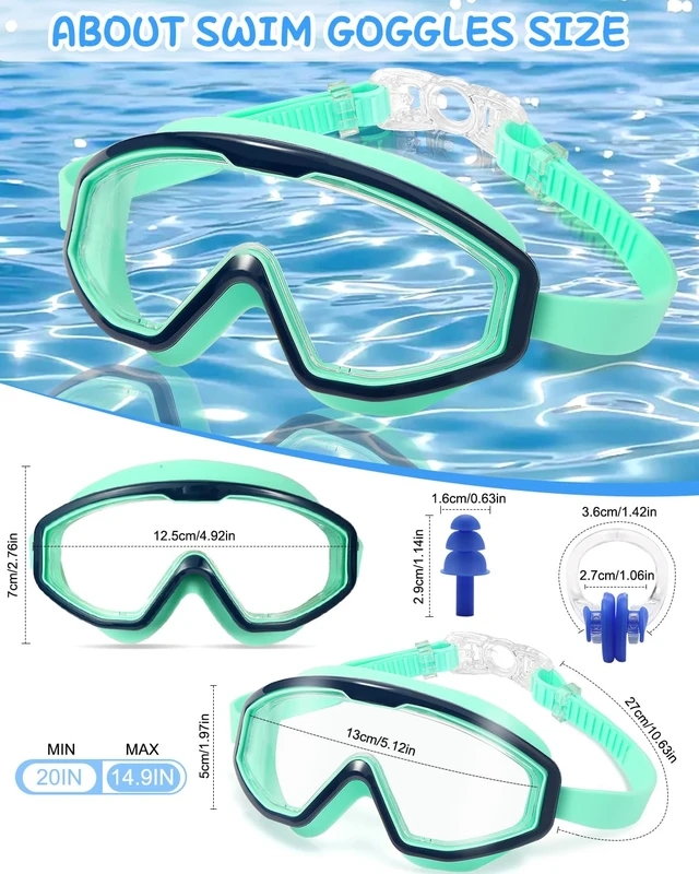 Alt view image 2 of 6 - Kids Swim Goggles, Wide View Anti-Fog & Pool Water Large Frame UV Protection Swimming Goggles for Boys and Girls-Light Green