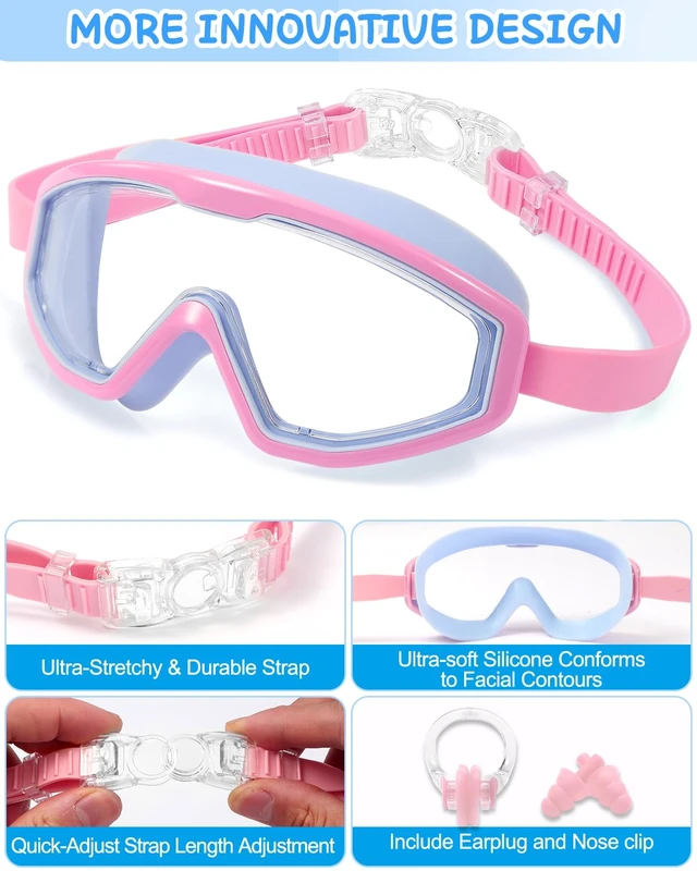 Alt view image 4 of 6 - Kids Swim Goggles, Wide View Anti-Fog & Pool Water Large Frame UV Protection Swimming Goggles for Boys and Girls-Light Green