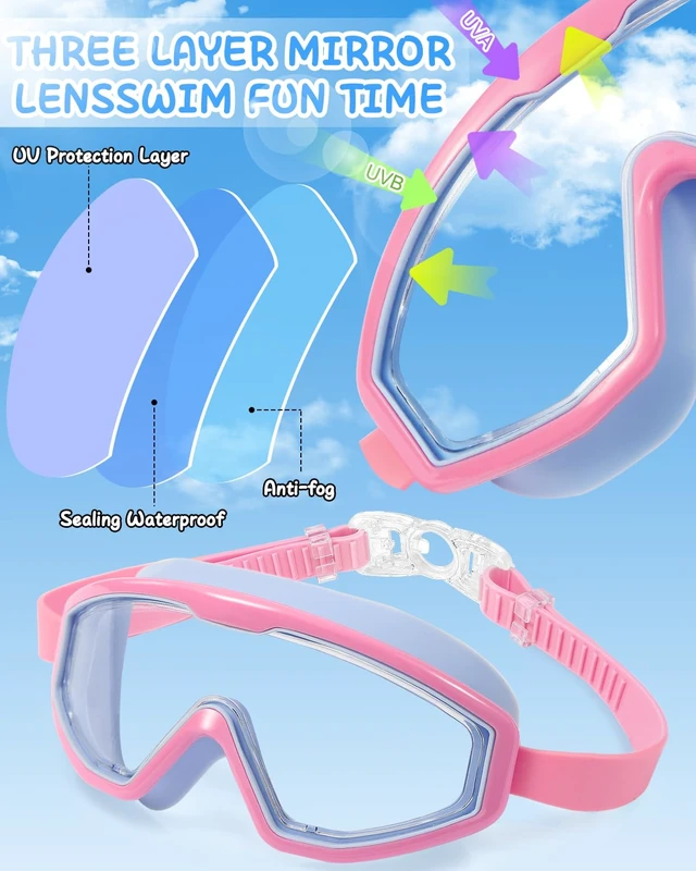 Alt view image 3 of 6 - Kids Swim Goggles, Wide View Anti-Fog & Pool Water Large Frame UV Protection Swimming Goggles for Boys and Girls-Light Green