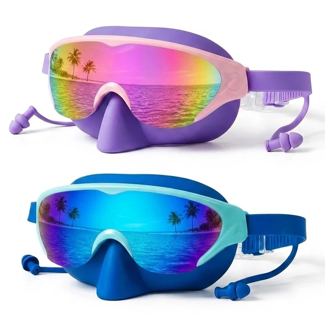 Main image of Kids Swim Goggles Mask with Nose Cover, Anti-Shattered UV Leak Fog Lens Toddlers Swimming Goggles for Kids 3-15 (Blue & Purple Pink-Color mask)