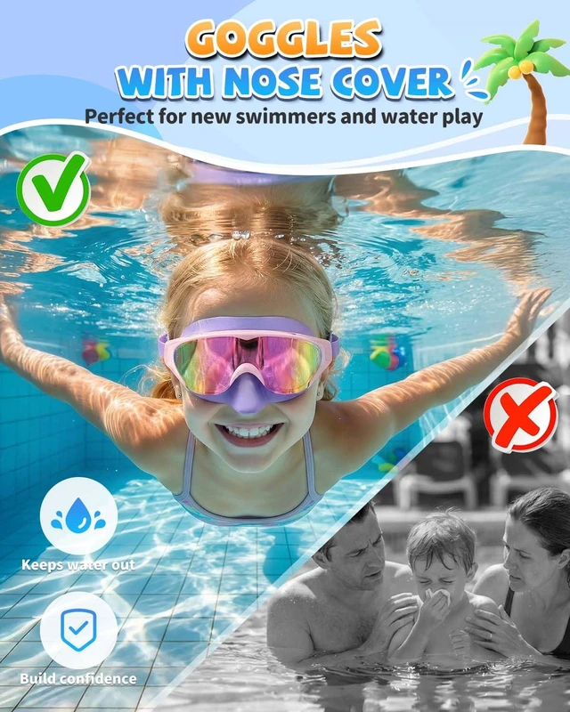 Alt view image 2 of 7 - Kids Swim Goggles Mask with Nose Cover, Anti-Shattered UV Leak Fog Lens Toddlers Swimming Goggles for Kids 3-15 (Blue & Purple Pink-Color mask)