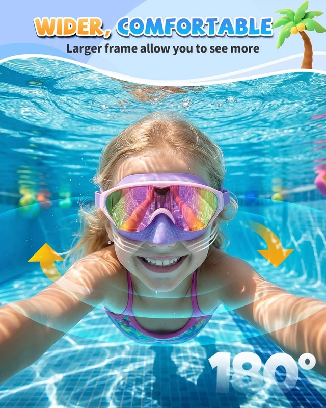 Alt view image 5 of 7 - Kids Swim Goggles Mask with Nose Cover, Anti-Shattered UV Leak Fog Lens Toddlers Swimming Goggles for Kids 3-15 (Blue & Purple Pink-Color mask)