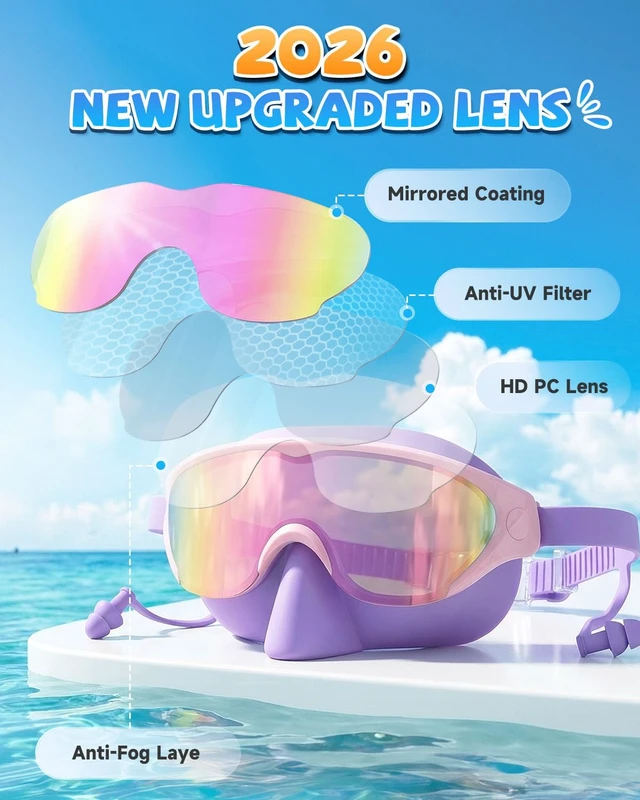 Alt view image 4 of 7 - Kids Swim Goggles Mask with Nose Cover, Anti-Shattered UV Leak Fog Lens Toddlers Swimming Goggles for Kids 3-15 (Blue & Purple Pink-Color mask)
