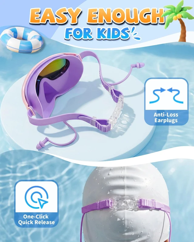 Alt view image 6 of 7 - Kids Swim Goggles Mask with Nose Cover, Anti-Shattered UV Leak Fog Lens Toddlers Swimming Goggles for Kids 3-15 (Blue & Purple Pink-Color mask)