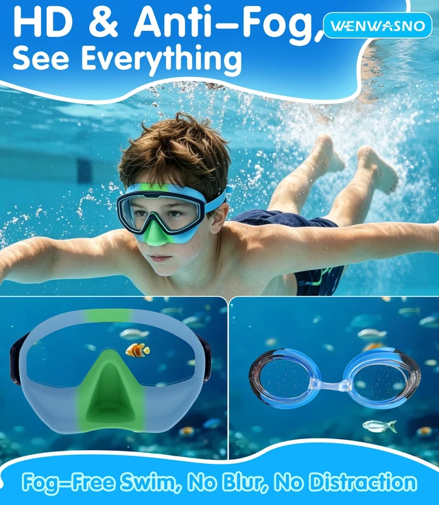 Alt view image 5 of 7 - Kids Swim Goggles 2pc with Nose Cover Wide View Diving Mask Anti Fog UV No Leaking Pool Swimming Goggle for Youth 3-14
