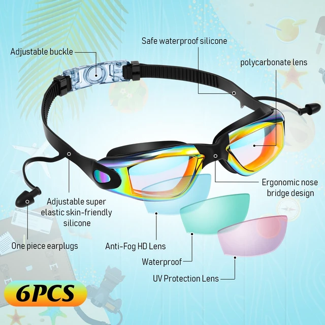 Alt view image 2 of 7 - 6 Pack Swim Goggles for Adults, Classic, Cute | Anti Fog View, Swimming Glasses with 6pcs Ear Plugs 6pcs Nose Clip, No Leaking, Adjustable Strap Goggles, Pool Training