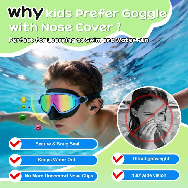 Alt view image 2 of 7 - Kids Swim Goggles with Nose Cover for 3-12, 2 Pack Wide View No Leaking | Anti-Fog & UV Swimming Goggles Mask, for Boys Girls Toddler, 180° Clear View, Quick-Release Buckle, for Pool Water Beach