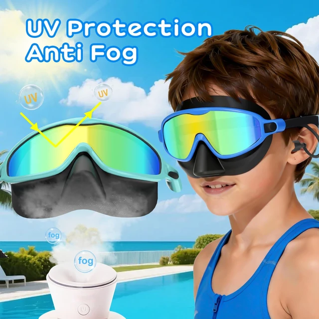 Alt view image 4 of 7 - Kids Swim Goggles with Nose Cover for 3-12, 2 Pack Wide View No Leaking | Anti-Fog & UV Swimming Goggles Mask, for Boys Girls Toddler, 180° Clear View, Quick-Release Buckle, for Pool Water Beach