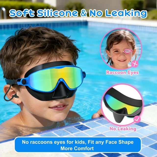 Alt view image 5 of 7 - Kids Swim Goggles with Nose Cover for 3-12, 2 Pack Wide View No Leaking | Anti-Fog & UV Swimming Goggles Mask, for Boys Girls Toddler, 180° Clear View, Quick-Release Buckle, for Pool Water Beach