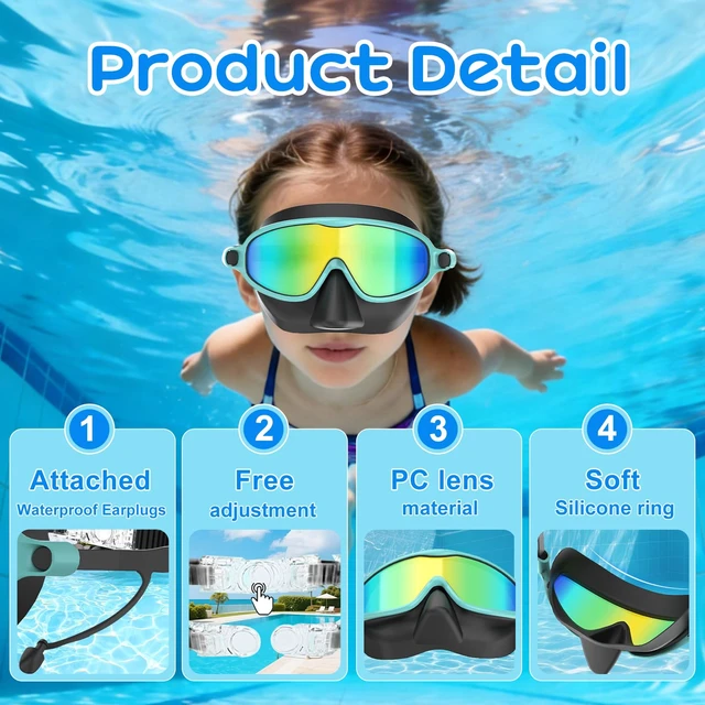 Alt view image 6 of 7 - Kids Swim Goggles with Nose Cover for 3-12, 2 Pack Wide View No Leaking | Anti-Fog & UV Swimming Goggles Mask, for Boys Girls Toddler, 180° Clear View, Quick-Release Buckle, for Pool Water Beach