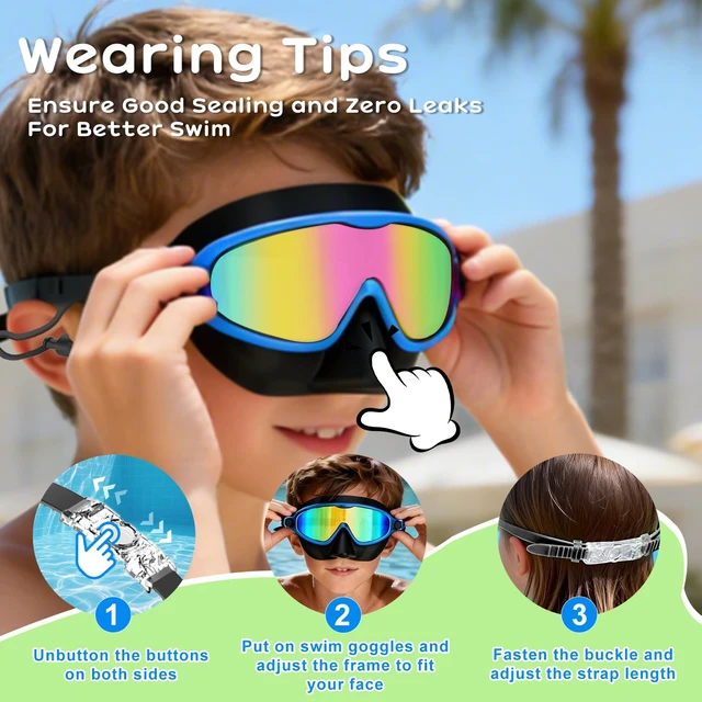 Alt view image 7 of 7 - Kids Swim Goggles with Nose Cover for 3-12, 2 Pack Wide View No Leaking | Anti-Fog & UV Swimming Goggles Mask, for Boys Girls Toddler, 180° Clear View, Quick-Release Buckle, for Pool Water Beach