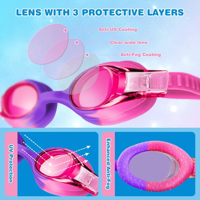 Alt view image 2 of 7 - 4 Pack Kids Swim Goggles Anti-Fog Leakproof Comfort Fit for 4-14 Boys Girls | UV Protection, 180°Wide View Clear Lens, Easy Adjustable Bungee Strap, Earplugs, Storage Box, Pool and Beach Use