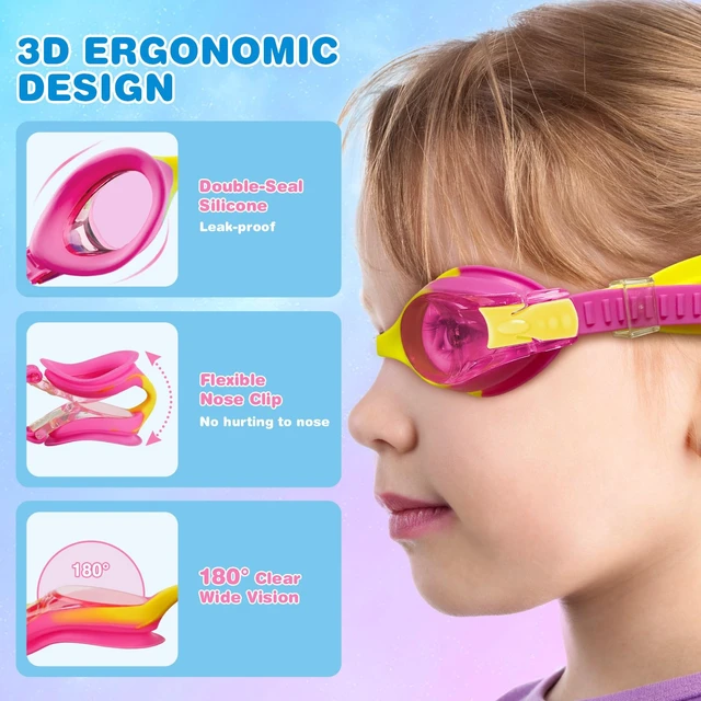 Alt view image 3 of 7 - 4 Pack Kids Swim Goggles Anti-Fog Leakproof Comfort Fit for 4-14 Boys Girls | UV Protection, 180°Wide View Clear Lens, Easy Adjustable Bungee Strap, Earplugs, Storage Box, Pool and Beach Use
