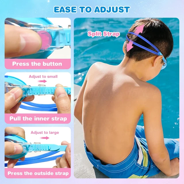 Alt view image 4 of 7 - 4 Pack Kids Swim Goggles Anti-Fog Leakproof Comfort Fit for 4-14 Boys Girls | UV Protection, 180°Wide View Clear Lens, Easy Adjustable Bungee Strap, Earplugs, Storage Box, Pool and Beach Use