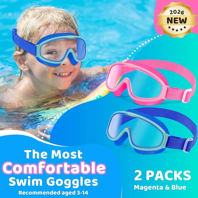 Alt view image 2 of 7 - Kids Goggles with Comfort Fabric Strap, Kids Swim Goggles Wide View Anti-Fog/UV No Leaking Swimming Goggles for 3-14