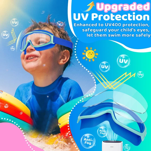 Alt view image 7 of 7 - Kids Goggles with Comfort Fabric Strap, Kids Swim Goggles Wide View Anti-Fog/UV No Leaking Swimming Goggles for 3-14
