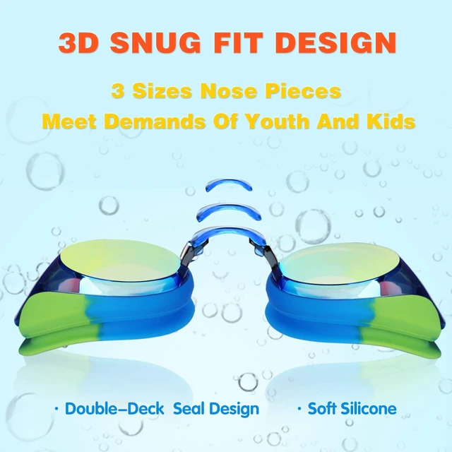 Alt view image 3 of 7 - Kids Swim Goggles Anti Fog & UV Girls Toddler Boys for 3-12 | 2 Pack Swimming Goggles for Kids Child with 3 Nose Pieces Soft Silicone Leak Proof Wide Clear View Clip Pool Racing with Case