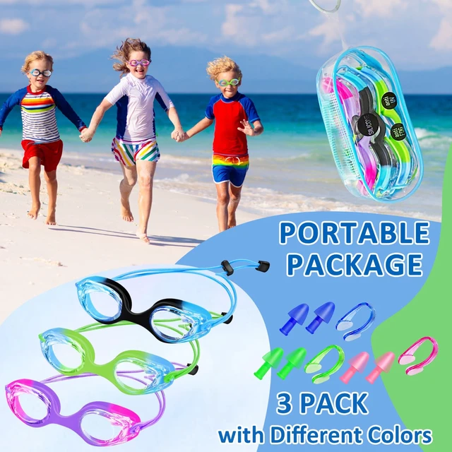 Alt view image 6 of 6 - Kids Swim Goggles, 3 Pack With Adjust Bungee Strap, No Leaking Anti Fog for Boys Girls Age 3-14