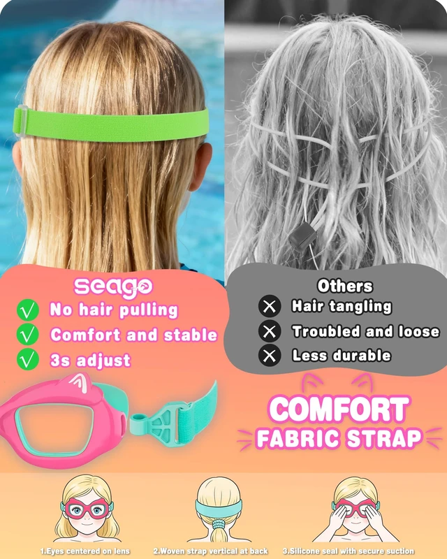 Alt view image 3 of 7 - Boys Swim Goggles Anti-Fog/UV Waterproof Clear Wide View with Fabric Strap | Tangle-free fabric strap, UV400 anti-fog flat lens, leakproof silicone gasket and safe cat frame for kids 3-15