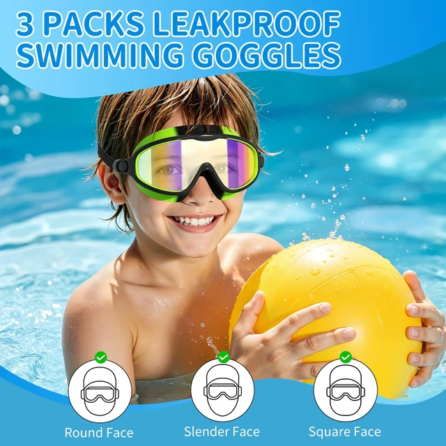 Alt view image 6 of 7 - 3 Pack Kids Swim Goggles for Ages 3-14, Anti-Fog UV Protection Swimming Goggles with Wide View Panoramic Lenses