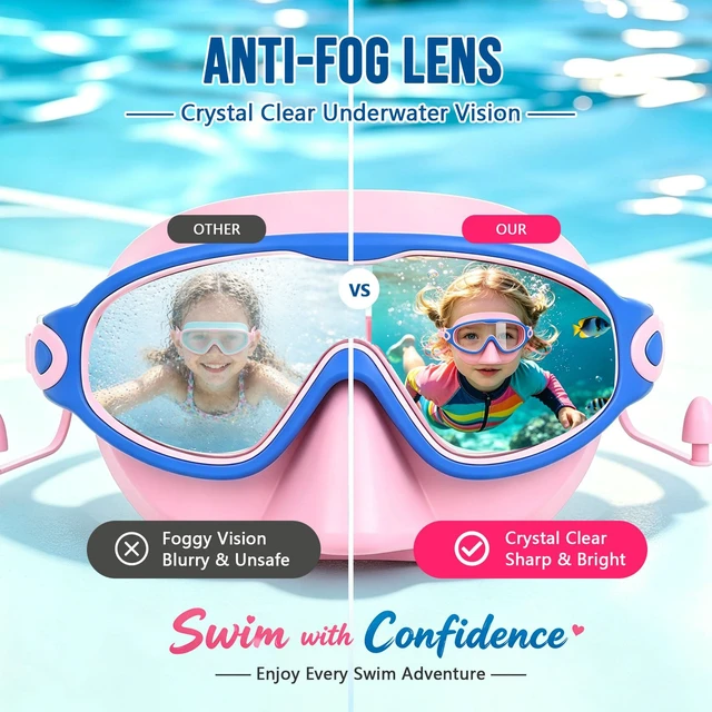 Alt view image 3 of 7 - 2 Pack Kids Swim Goggles with Nose Cover for Boys Girls 3-16, HD Wide View Anti Fog UV Protection Leakproof Swimming Goggles, Soft Silicone Tangle-Free Pool Goggles for Swim Lessons Beach Essentials