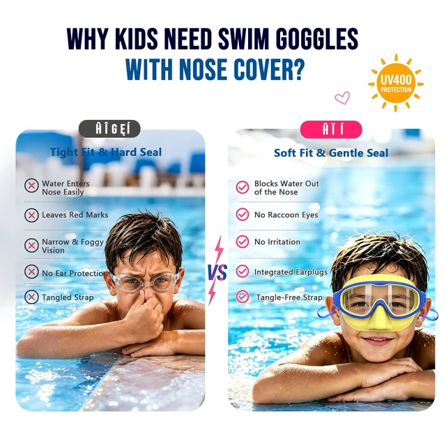 Alt view image 5 of 7 - 2 Pack Kids Swim Goggles with Nose Cover for Boys Girls 3-16, HD Wide View Anti Fog UV Protection Leakproof Swimming Goggles, Soft Silicone Tangle-Free Pool Goggles for Swim Lessons Beach Essentials