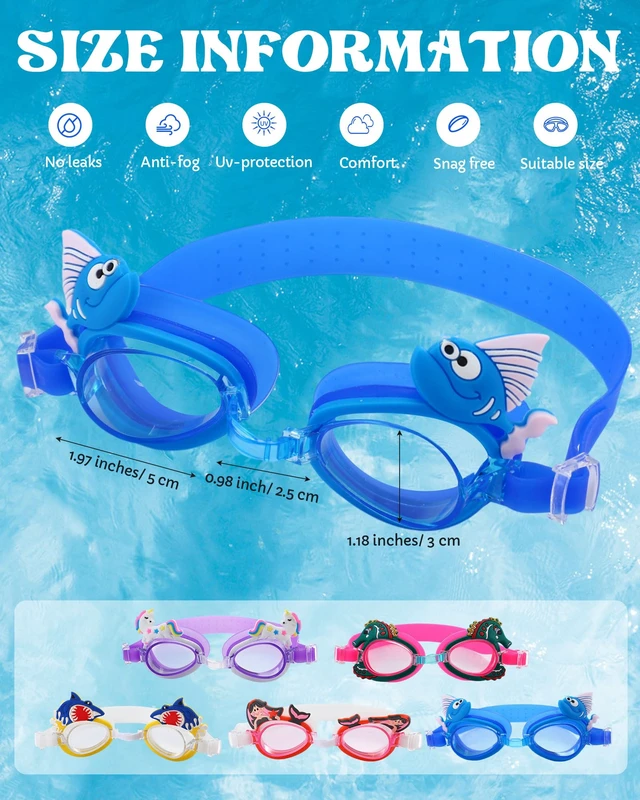 Alt view image 4 of 5 - 15 Pairs Kids Swim Goggles Toddler Swimming Eyewear Anti Fog Anti-UV Pool Goggles with Cases Cute Shark Mermaid Fish for Boys Girls Age 3-9, 5 Styles