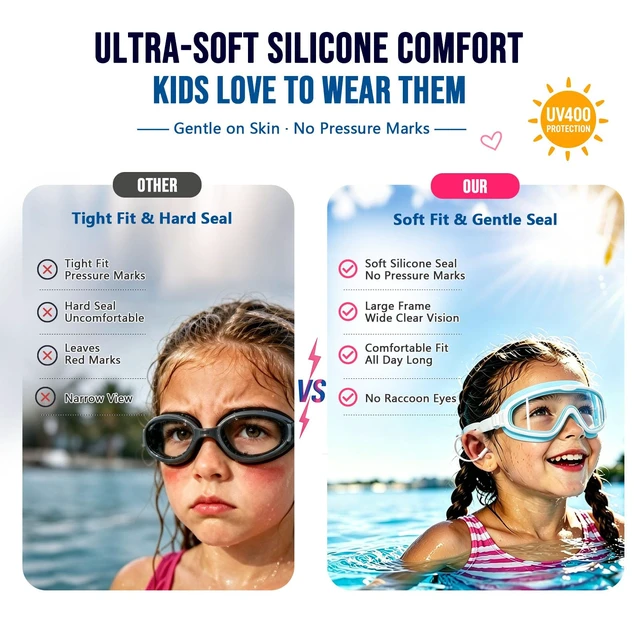Alt view image 2 of 7 - Kids Swim Goggles 2 Pack, Large Frame Wide View Anti Fog Swimming Goggles for Boys and Girls 3-16 with No Leak & UV Protection, Youth Pool Beach Goggles Essentials