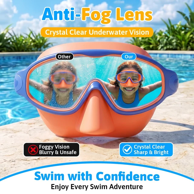 Alt view image 2 of 6 - Pack Kids Goggles with Nose Cover,Swim Goggle with Earplugs | Anti-Fog UV Protection 180° Wide View Swimming Goggles for Boys & Girls Ages 3-14 (Black/Orange)