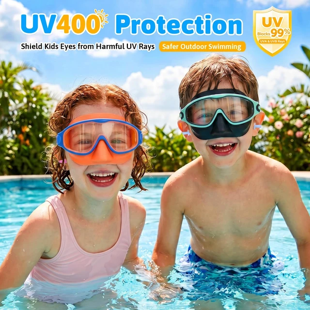 Alt view image 6 of 6 - Pack Kids Goggles with Nose Cover,Swim Goggle with Earplugs | Anti-Fog UV Protection 180° Wide View Swimming Goggles for Boys & Girls Ages 3-14 (Black/Orange)
