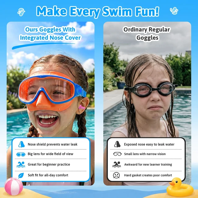 Alt view image 4 of 6 - Pack Kids Goggles with Nose Cover,Swim Goggle with Earplugs | Anti-Fog UV Protection 180° Wide View Swimming Goggles for Boys & Girls Ages 3-14 (Black/Orange)