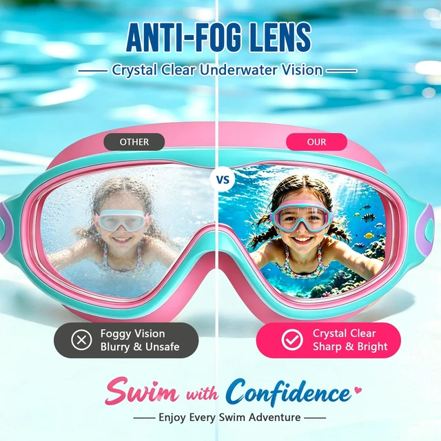 Alt view image 4 of 7 - Kids Swim Goggles 2 Pack for Boys Girls 3-16, 180° Wide View Swim Goggles with Anti-Fog UV Protection, Leakproof Soft Silicone Swimming Goggles for Youth Toddler, Swim Lessons Beach Essentials