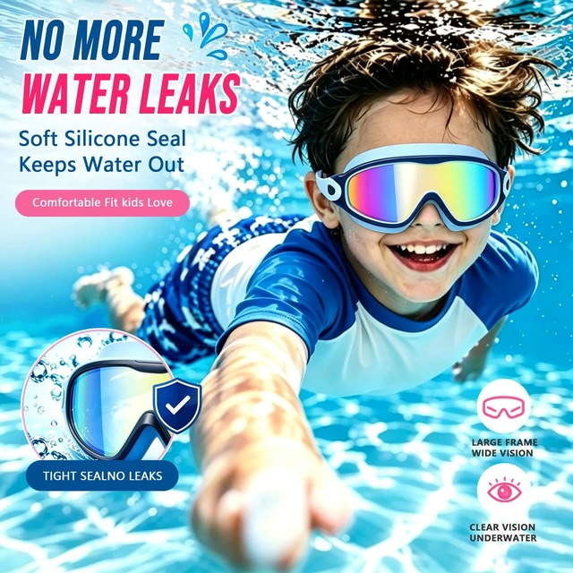 Alt view image 5 of 7 - Kids Swim Goggles 2 Pack for Boys Girls 3-16, 180° Wide View Swim Goggles with Anti-Fog UV Protection, Leakproof Soft Silicone Swimming Goggles for Youth Toddler, Swim Lessons Beach Essentials