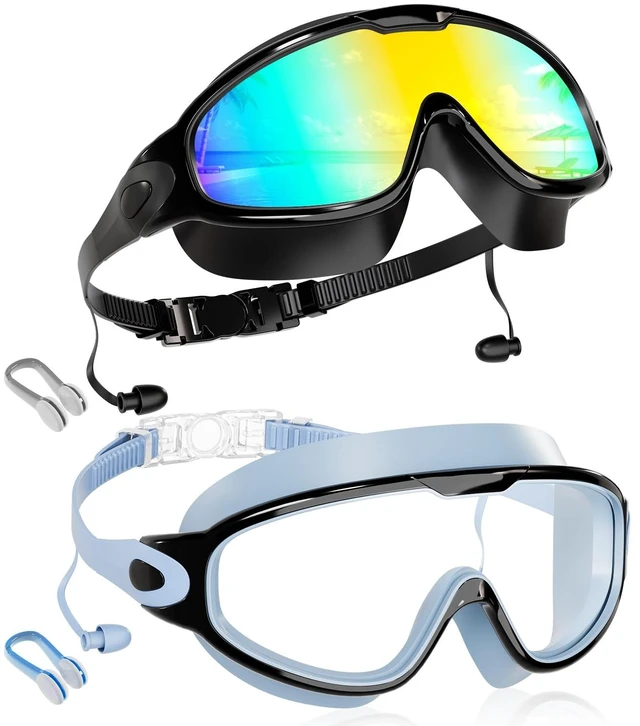 Main image of New Kids 2 Pack Wide View Swim Goggles, Anti-Fog/UV No Leak Goggles with Ear Plugs Kids 3-14