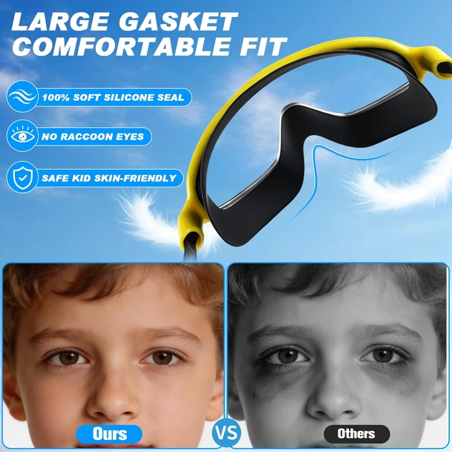 Alt view image 4 of 7 - 3 Pack Kid Swimming Goggles, Kid Goggles Anti-Fog Swim Goggles Boys | Leakproof Silicone Seal Large Frame Wide View Vision, Easy-Adjust Strap Swimming Goggles with Nose Clip Earplug