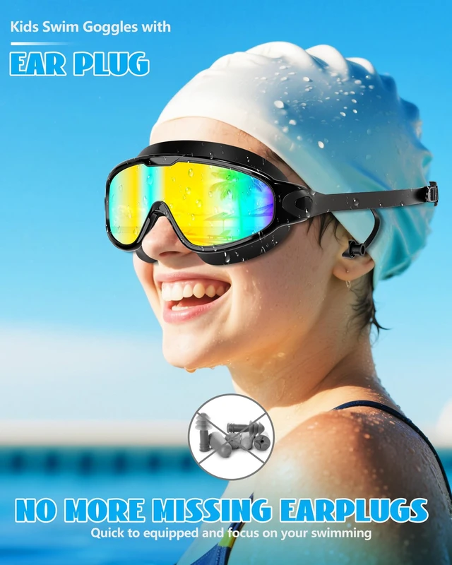 Alt view image 2 of 7 - New Kids 2 Pack Wide View Swim Goggles, Anti-Fog/UV No Leak Goggles with Ear Plugs Kids 3-14