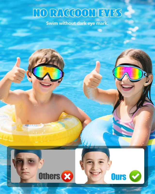 Alt view image 3 of 7 - New Kids 2 Pack Wide View Swim Goggles, Anti-Fog/UV No Leak Goggles with Ear Plugs Kids 3-14