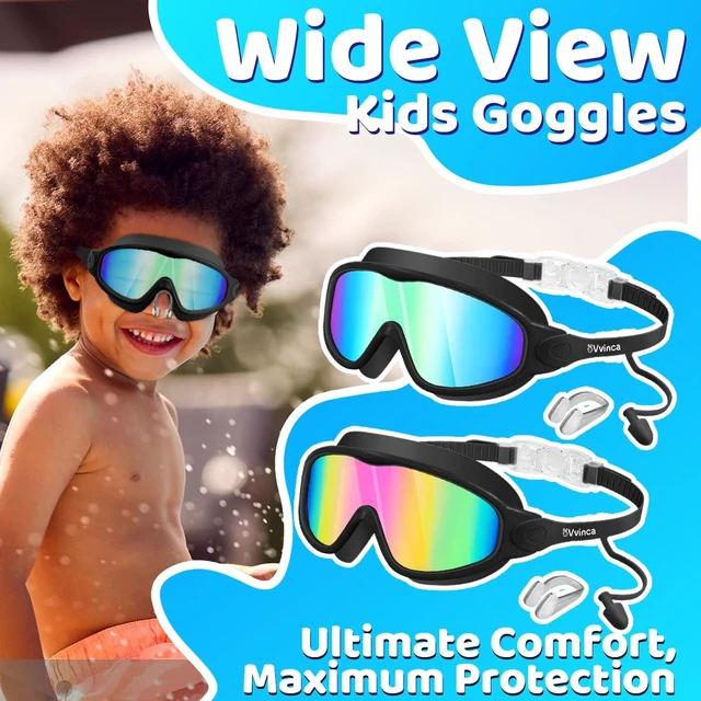 Alt view image 2 of 7 - Kids Swim Goggles for 3-15, Kids Goggles with Earplugs& Nose Clip Wide View | 2 Pack Swimming Goggles Kids Toddlers No Hair Pull Anti Fog No Leak UV Protection Boys Girls Youth Pool Goggles Swim Mask