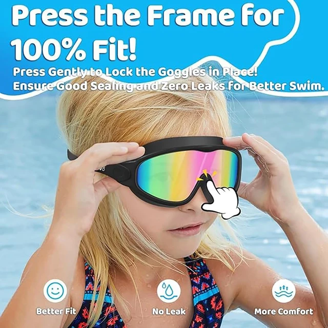 Alt view image 3 of 7 - Kids Swim Goggles for 3-15, Kids Goggles with Earplugs& Nose Clip Wide View | 2 Pack Swimming Goggles Kids Toddlers No Hair Pull Anti Fog No Leak UV Protection Boys Girls Youth Pool Goggles Swim Mask