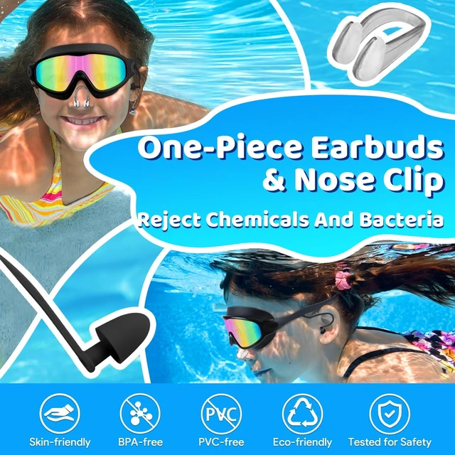 Alt view image 6 of 7 - Kids Swim Goggles for 3-15, Kids Goggles with Earplugs& Nose Clip Wide View | 2 Pack Swimming Goggles Kids Toddlers No Hair Pull Anti Fog No Leak UV Protection Boys Girls Youth Pool Goggles Swim Mask