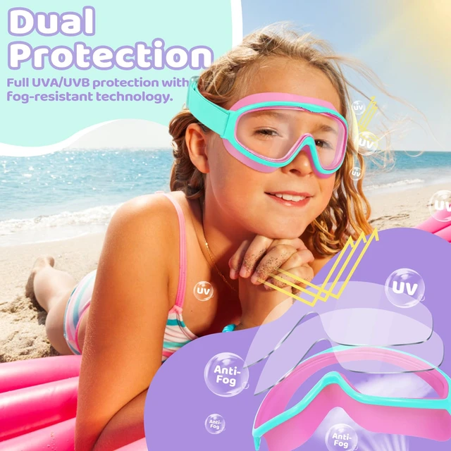Alt view image 3 of 7 - Kids Goggles for 3-14, Kids Swim Goggles with Fabric Strap Anti Fog | 2 Pack Swimming Goggles Kids Toddlers No Hair Pull Wide View No Leak UV Protection Boys Girls Youth Pool Goggles Swim Mask